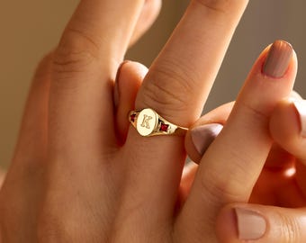 Custom Birthstone Initial Signet Ring, Statement Gemstone Ring with Engraved Letter, Dainty 18K Gold Plated Ring, Weddding Gift For Her