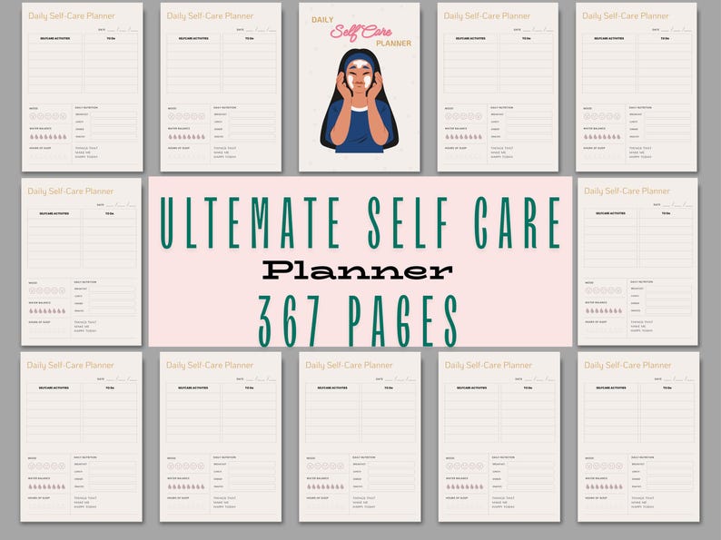 Puede incluir: Un planificador imprimible con el texto "ULTIMATE SELF CARE PLANNER 367 PAGES" en verde sobre un fondo rosa. El planificador tiene un planificador diario de autocuidado en cada p&aacute;gina con una ilustraci&oacute;n de dibujos animados de una mujer con una mascarilla facial.