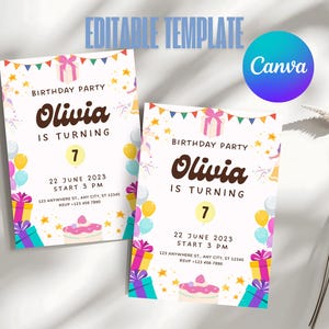 Invito carino per il settimo compleanno / Invito per festa per bambini modificabile / Download digitale / Biglietto di compleanno a tema animale / Stampabile personalizzato