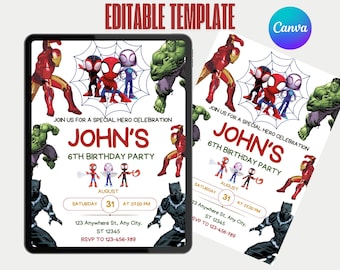 Avengers Birthday Invitation Template, Editable Kids Party Invite (Digital Download)