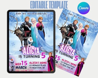 Frozen Birthday Invitation, Elsa Winter Snow Party (Canva Template)