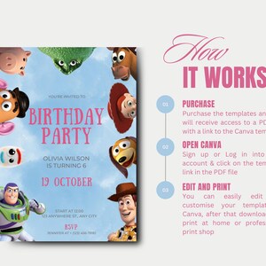 May include: A printable birthday party invitation featuring characters from the Toy Story movie franchise. The invitation is blue with pink text and includes the text "You're invited to Birthday Party".