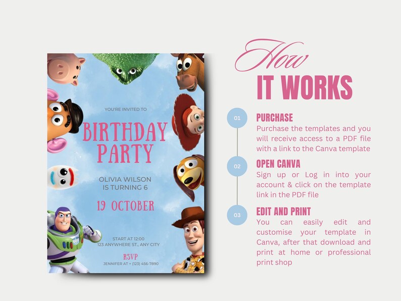 May include: A printable birthday party invitation featuring characters from the Toy Story movie franchise. The invitation is blue with pink text and includes the text "You're invited to Birthday Party".