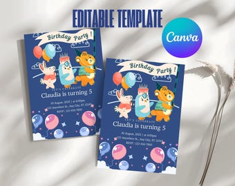 Invitación de 5.º cumpleaños con temática animal: Tarjeta editable para fiesta infantil (descarga digital)