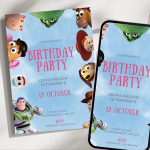 May include: A blue and pink birthday party invitation with a cartoon image of characters from the Toy Story movie. The invitation says "You're invited to Olivia Wilson's Birthday Party" and includes the date "19 October".
