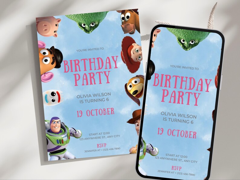 May include: A blue and pink birthday party invitation with a cartoon image of characters from the Toy Story movie. The invitation says "You're invited to Olivia Wilson's Birthday Party" and includes the date "19 October".