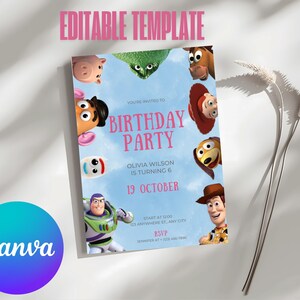 May include: A blue and pink birthday party invitation featuring characters from the Toy Story movie franchise. The invitation includes the text "You're invited to Birthday Party", "Olivia Wilson is turning 6", "19 October", "Start at 12:00", "Anywhere St, Amy City", and "RSVP".