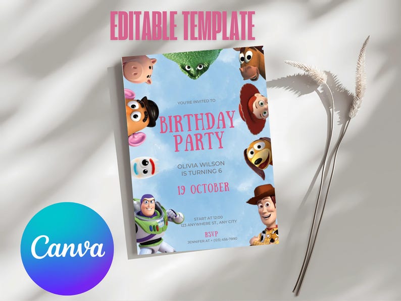 May include: A blue and pink birthday party invitation featuring characters from the Toy Story movie franchise. The invitation includes the text "You're invited to Birthday Party", "Olivia Wilson is turning 6", "19 October", "Start at 12:00", "Anywhere St, Amy City", and "RSVP".