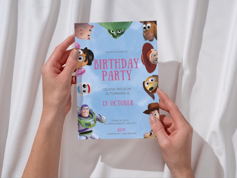 May include: A blue and pink birthday party invitation with a cartoon image of characters from the Toy Story movie franchise. The invitation says "You're invited to Birthday Party Olivia Wilson is turning 6 19 October Start at 12:00 123 Anywhere St, Any City RSVP"