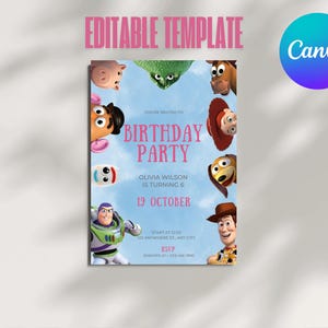 May include: A blue and pink birthday party invitation featuring characters from the Toy Story movie franchise. The invitation reads "You're invited to Birthday Party Olivia Wilson is turning 6 19 October Start at 12:00 123 Anywhere St, Any City RSVP [phone number] [email address]"