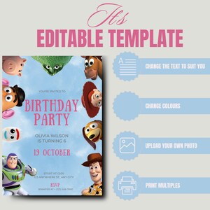 May include: Editable template for a birthday party invitation featuring characters from the Toy Story movie franchise. The invitation is blue with pink text and includes the text "You're invited to Birthday Party" and "Olivia Wilson is turning 6".