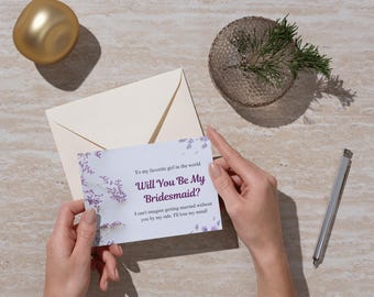 Tarjeta morada "¿Quieres ser mi dama de honor?" / Plantilla editable e imprimible para propuesta de dama de honor