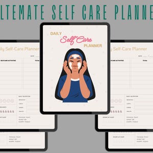 Puede incluir: Un planificador digital con el texto "DAILY Self Care PLANNER" en la portada. El planificador incluye secciones para actividades de autocuidado, nutrici&oacute;n diaria, equilibrio de agua, horas de sue&ntilde;o y cosas que te hacen feliz hoy.