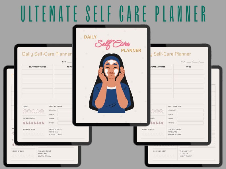 Puede incluir: Un planificador digital con el texto "DAILY Self Care PLANNER" en la portada. El planificador incluye secciones para actividades de autocuidado, nutrici&oacute;n diaria, equilibrio de agua, horas de sue&ntilde;o y cosas que te hacen feliz hoy.