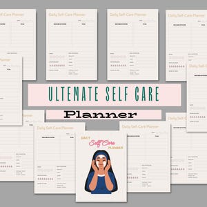 Puede incluir: Un planificador de autocuidado imprimible con un t&iacute;tulo rosa y verde que dice "ULTIMATE SELF CARE PLANNER". El planificador incluye un planificador diario de autocuidado con secciones para actividades de autocuidado, estado de &aacute;nimo y sue&ntilde;o. El planificador tambi&eacute;n incluye una p&aacute;gina con una ilustraci&oacute;n de una mujer que lleva una mascarilla facial.