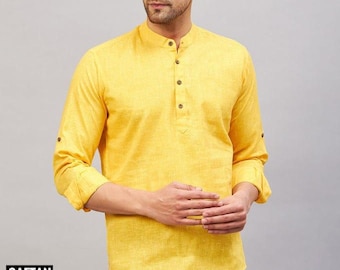 Herrgul kurta: Haldi-ceremonidräkt, långärmad