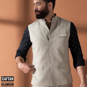 Handmade Beige Nehru Jacket: Fine Cotton Silk Indian Wedding Coat