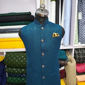 Teal Blue Mirror Nehru Jacket | Indian Mens Nero Vest | Muslims Waistcoat for Men | Faux Mirror Embroidery Sleeveless Nehru Jacket in Teal
