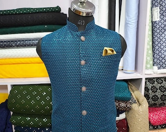 Teal Blue Nehru Jacket | Faux Mirror Embroidery Indian Vest