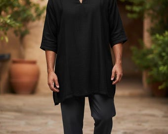 Herren Leinen Kaftan: Handgemachte Kurzarm Tunika - Loungewear Robe