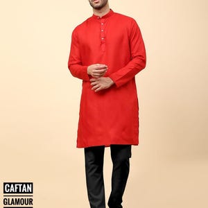 Kurta india de algodón rojo para hombre - Hecha a mano, largo de camisa