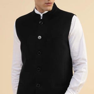 Custom Indian Nehru Jacket: Black Cotton Silk Wedding Waistcoat