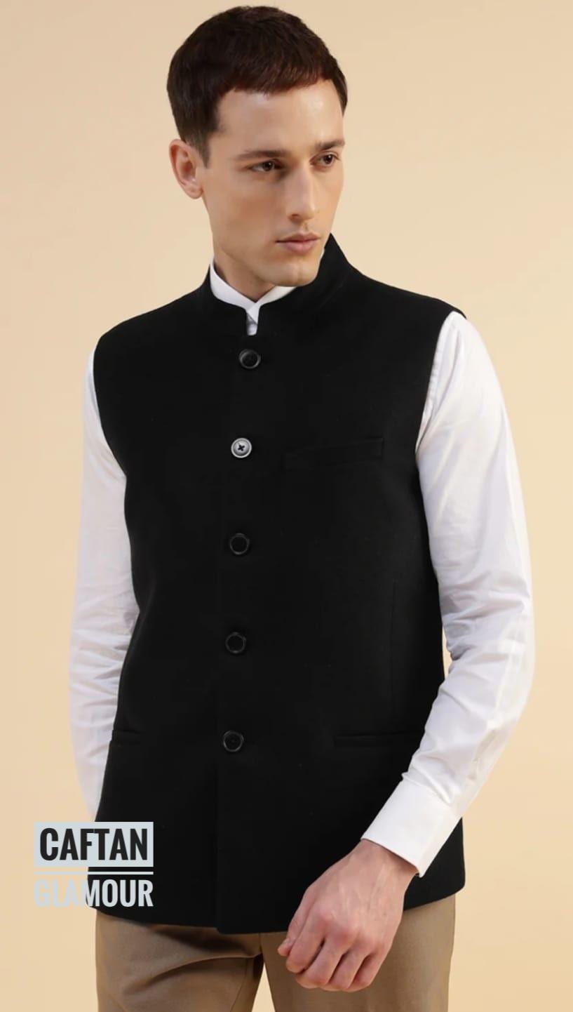 Custom Indian Nehru Jacket: Black Cotton Silk Wedding Waistcoat