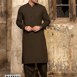 Embroidered Brown Cotton Men&#39;s Kameez Shalwar: Pakistani Salwar Suit