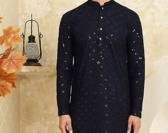 Black Chikankari Kurta: Traditional Bollywood Style Cotton Menswear