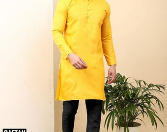 Indiskt gult bomullskurta-pyjamasset för män: Haldi-ceremonidräkt