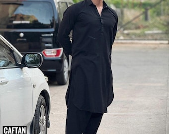 Handmade Black Cotton Pathani Kurta: Embroidered Gent's Panjabi