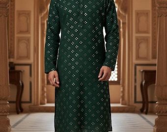 Donkergroene Indiase bruiloft geborduurde Georgette Kurta-pyjamaset heren