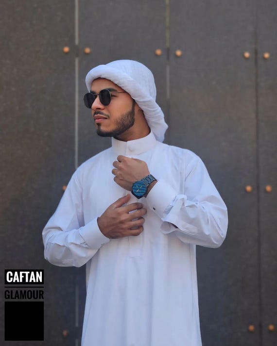 Abito Arabo Per Uomo Kaftan Thobe - Maniche Lunghe In Poliestere Bianco E Nero - Foto 8