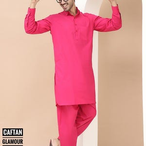 Pink Solid Kurta Salwar | Custom Made Dress for Men | Long Sleeves Kurta Shalwar Designer Dress for Men | Plaid Salwar Kurta| Pure Pink