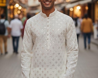 Mens Mirror Work Embroidered Cotton Kurta Pajama Set: Indian Wedding Suit Set