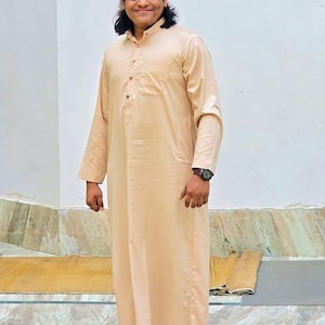 Mens Beige Thobe | Arabic Dress | Men Cotton Summer Dress Slim Thobe | Islamic Clothing | Full Sleeve Jubba Thobe | Handmade Thobe Beige