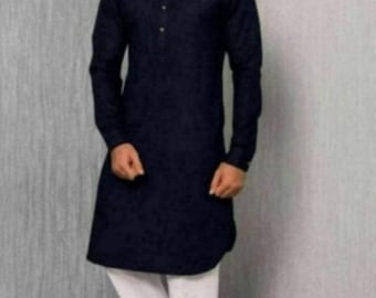 Handmade Men's Pathani Kurta Pajama Set: Solid Blue Cotton