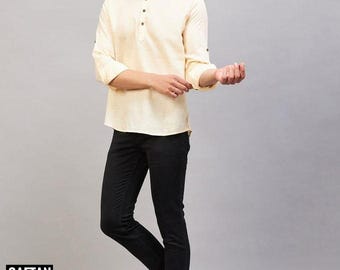 BE ACTIVE Kurta Uomo In Puro Cotone – Maniche Lunghe, Colletto Coreano, Vestibilità Slim, Tinta Unita