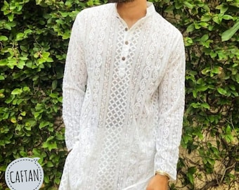 Handmade Mens Chikankari Kurta Set: Georgette Paisley - WHITE