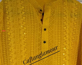 Set Kurta da uomo in georgette giallo Paisley Chikankari