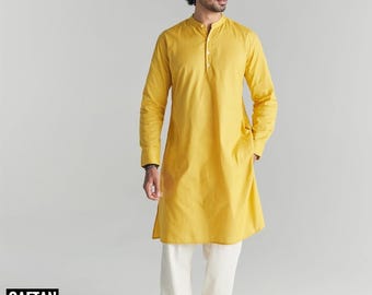 Gult bomullskurta-pyjamaset: Haldi-ceremonidräkt