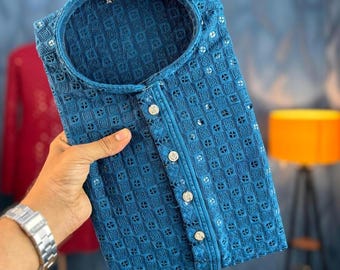 Teal Blue Embroidered Chikankari Kurta - Men's Party Wear