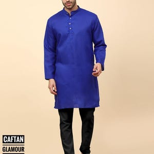 Kurta de algodón azul rey para hombre, hecha a mano: Camisa india