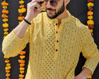 Summer Yellow Georgette Paisley Design Chikankari Men's Kurta Set