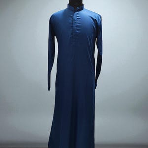 Mens Linen Kaftan Thobe: Teal Blue Slim Fit, Handmade Islamic Clothing