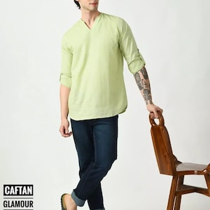 Short Light Green Kurta For Men | Light Green Shirt For Men | Handmade Short Kurta For Men | Stylish Fashionable Kurta Shirt For Men