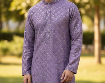 Lavender Embroidered Kurta for Men, Indian Wedding Kurta Pajama, Festive Ethnic Wear, Eid Outfit