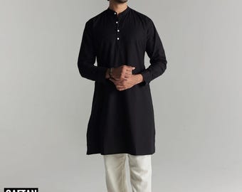 Men's Black Embroidered Kurta Pajama Set: Traditional Cotton Outfit