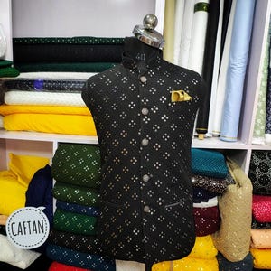 Black Nehru Jacket: Men&#39;s Indian Waistcoat with Mirror Embroidery