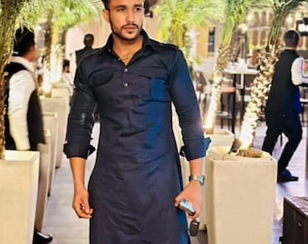 Traje Pathani negro para hombre: traje de algodón estilo Bollywood indio